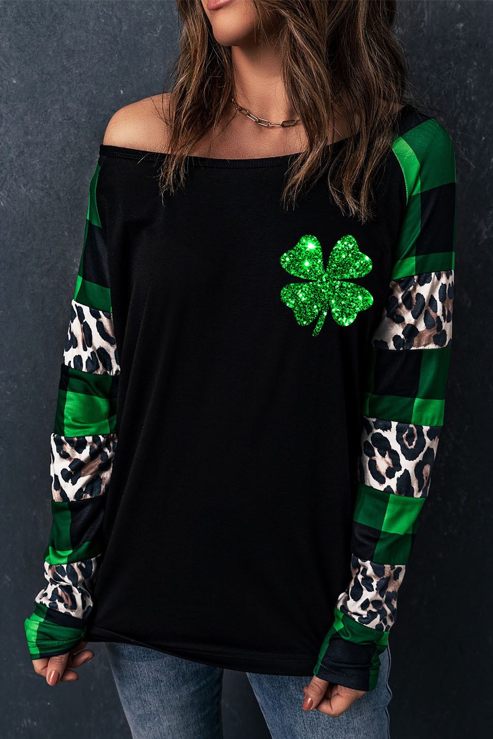 Green Leopard Printed Plaid Splicing Blouse