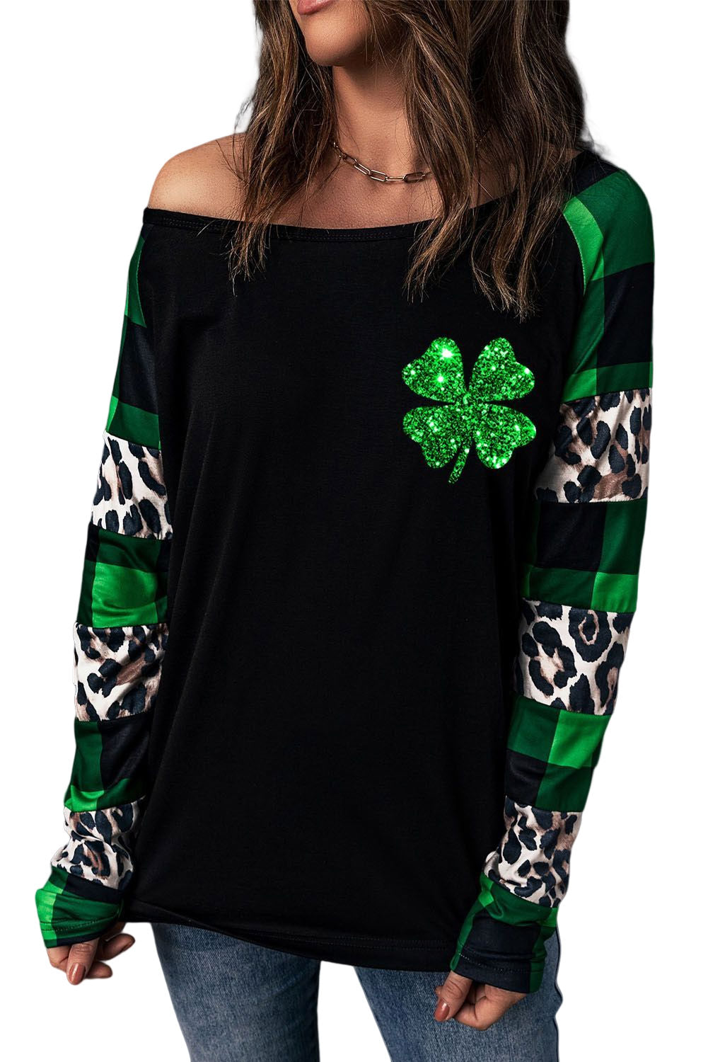 Green Leopard Printed Plaid Splicing Blouse
