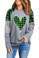 Green Lucky Plaid Heart Striped Color Block Long Sleeve Top