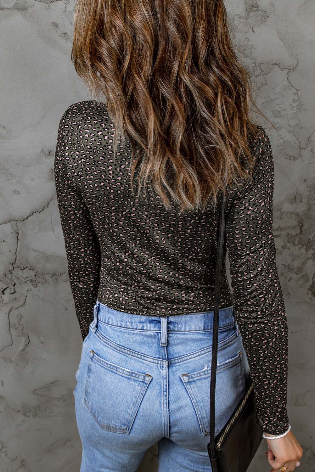 Green Olive Strappy Hollow-Out Scoop Neck Long Sleeve Leopard Bodysuit