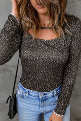 Green Olive Strappy Hollow-Out Scoop Neck Long Sleeve Leopard Bodysuit