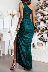 Green One Shoulder High Slit Glitter Dress