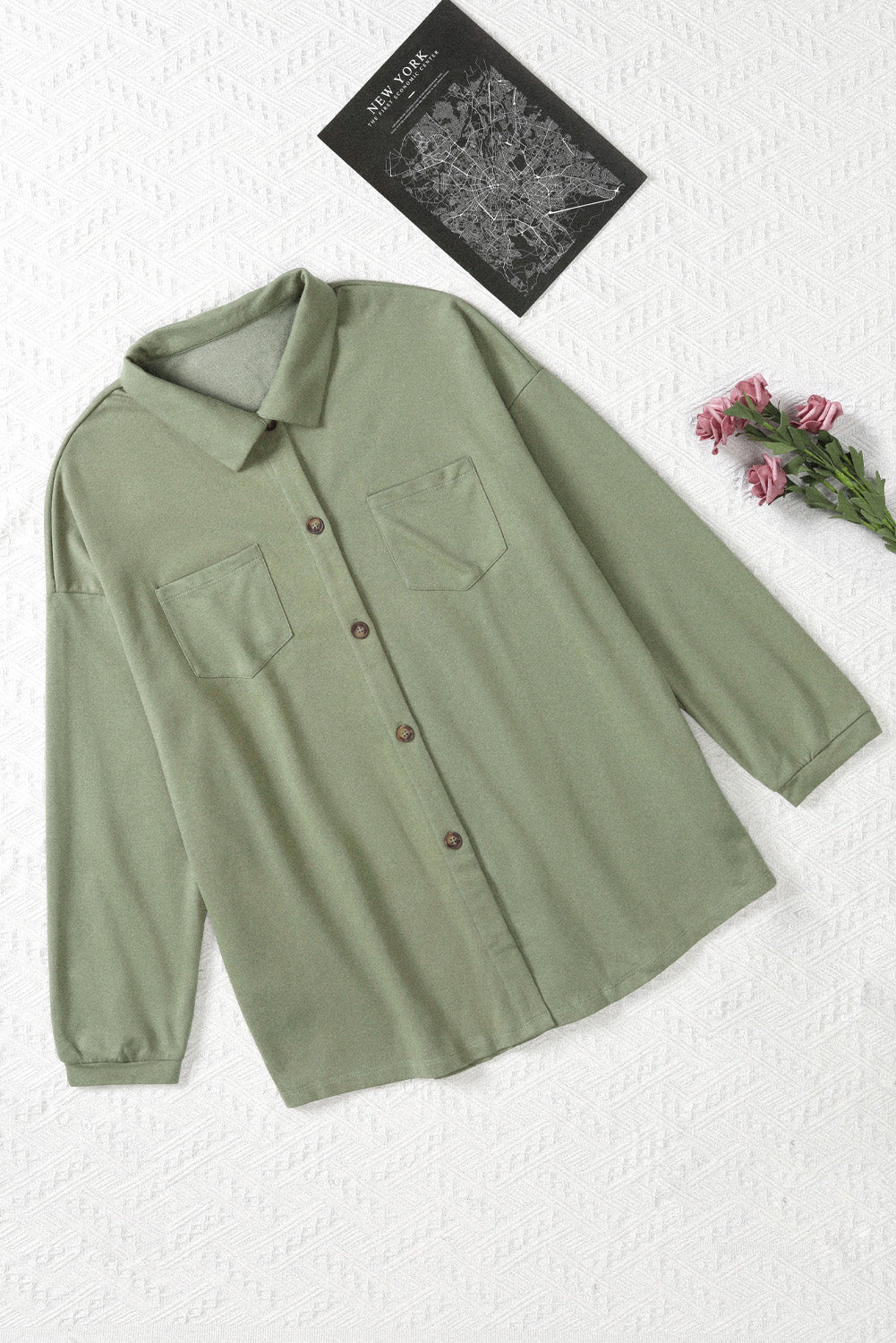 Green Plus Size Buttons Closure Pocketed Shacket