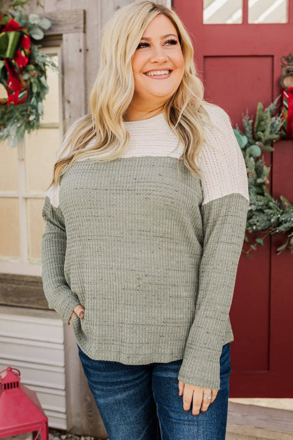 Green Plus Size Colorblock Knit Long Sleeve Top