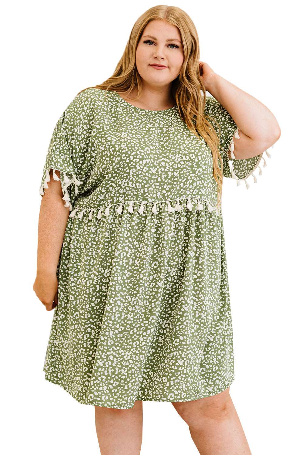 Green Plus Size Leopard Tassel Dress