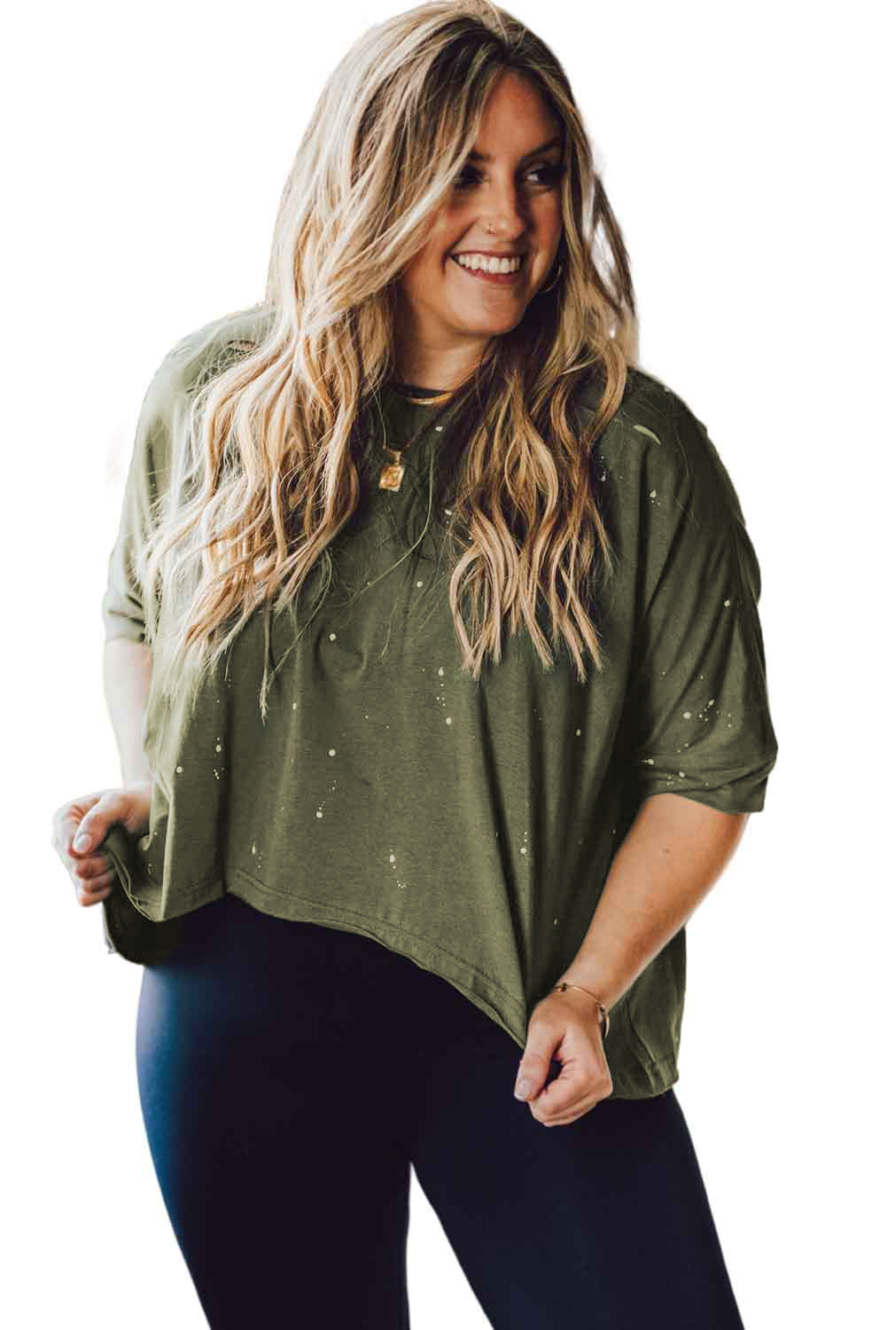 Green Plus Size Ripped Half Sleeve Blouse