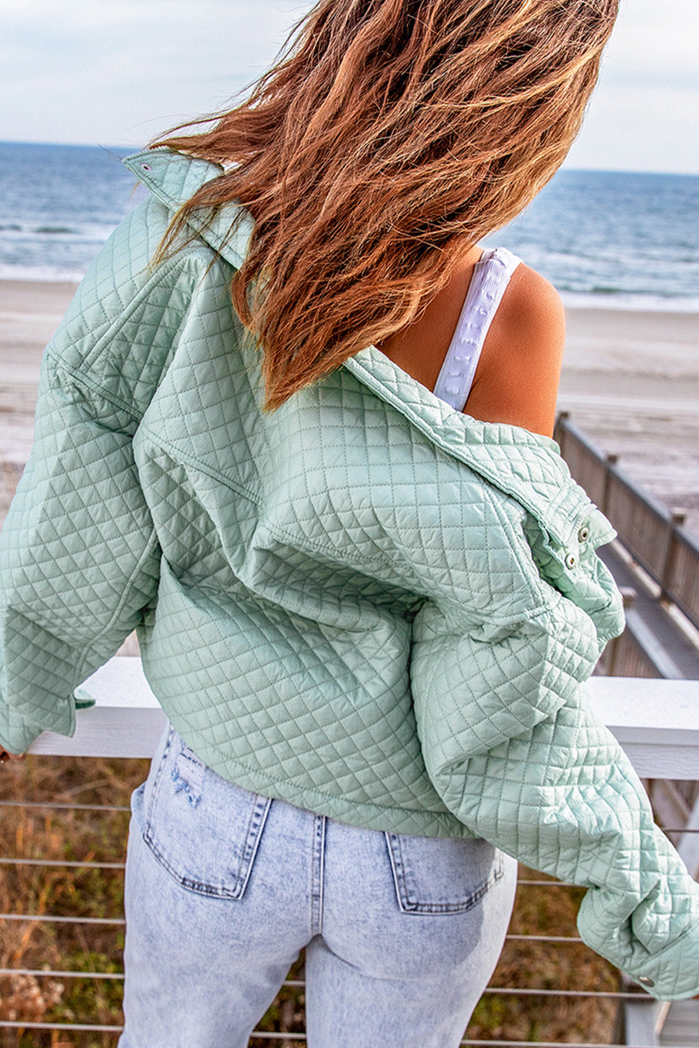 Green Quilted Pocketed Zip-Up Cropped Jacket