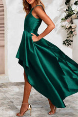 Green Satin Sleeveless Pleated High Low Dress with Pocket
