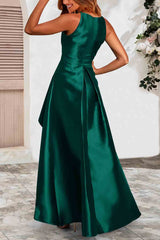 Green Satin Sleeveless Pleated High Low Dress with Pocket