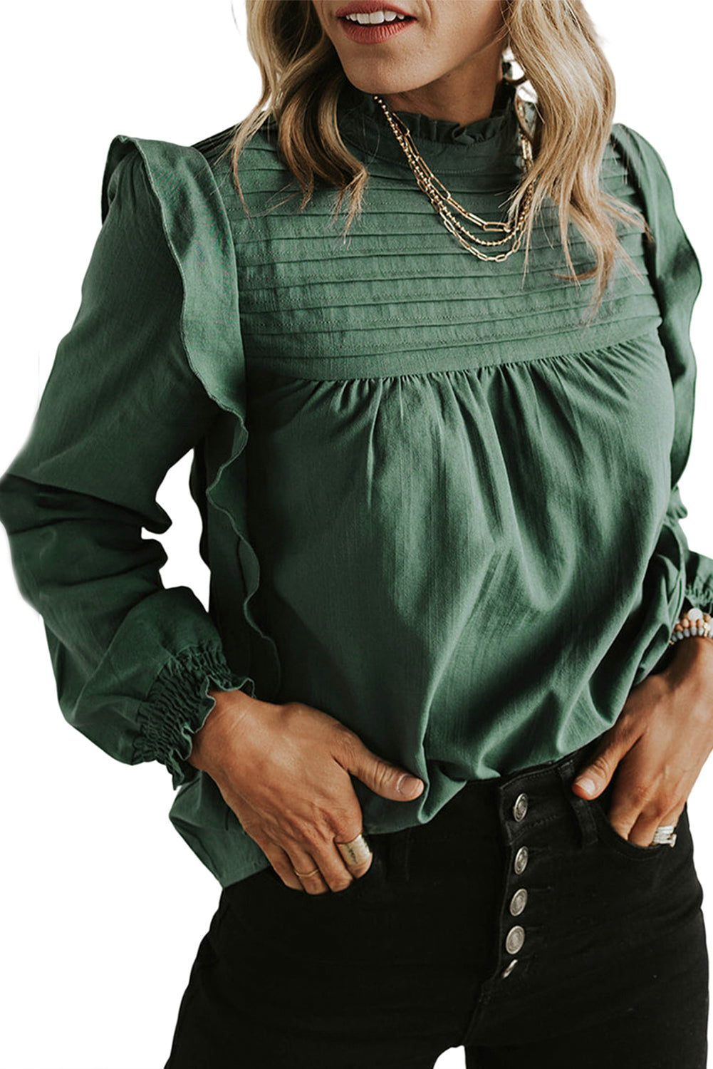 Green Solid Color Stand Neck Ruffled Puff Sleeve Blouse