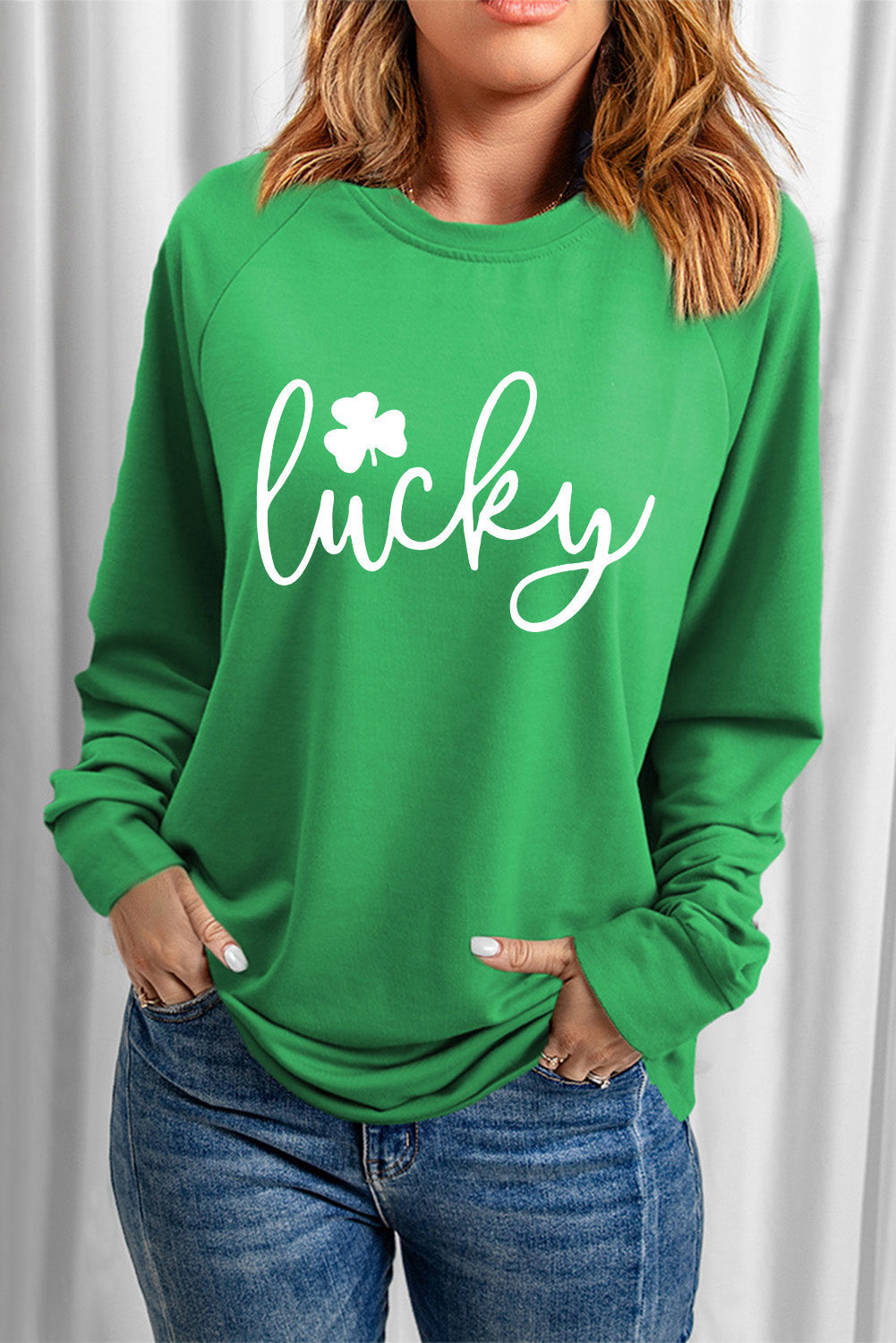 Green St. Patrick'S Day Lucky Clover Print Graphic Sweatshirt