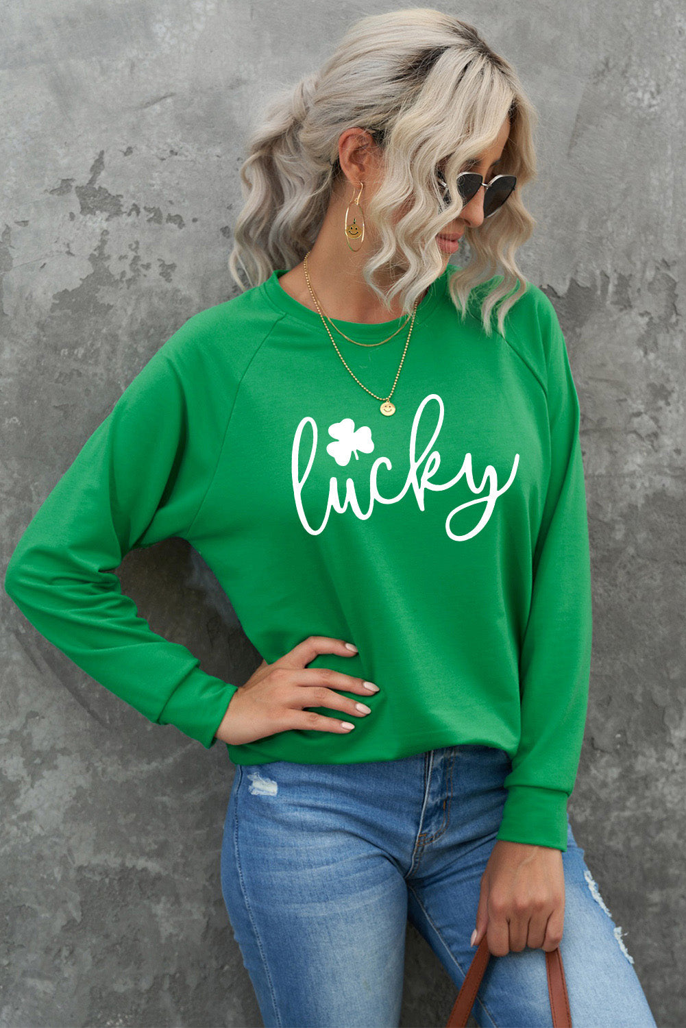 Green St. Patrick'S Day Lucky Clover Print Graphic Sweatshirt