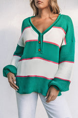 Green Striped Color Block Knitted Buttoned V Neck Sweater