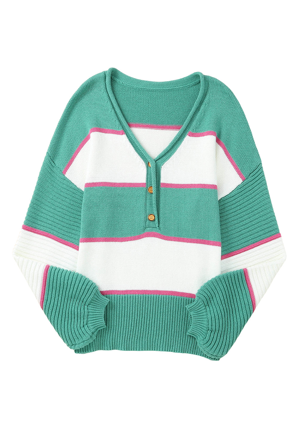 Green Striped Color Block Knitted Buttoned V Neck Sweater