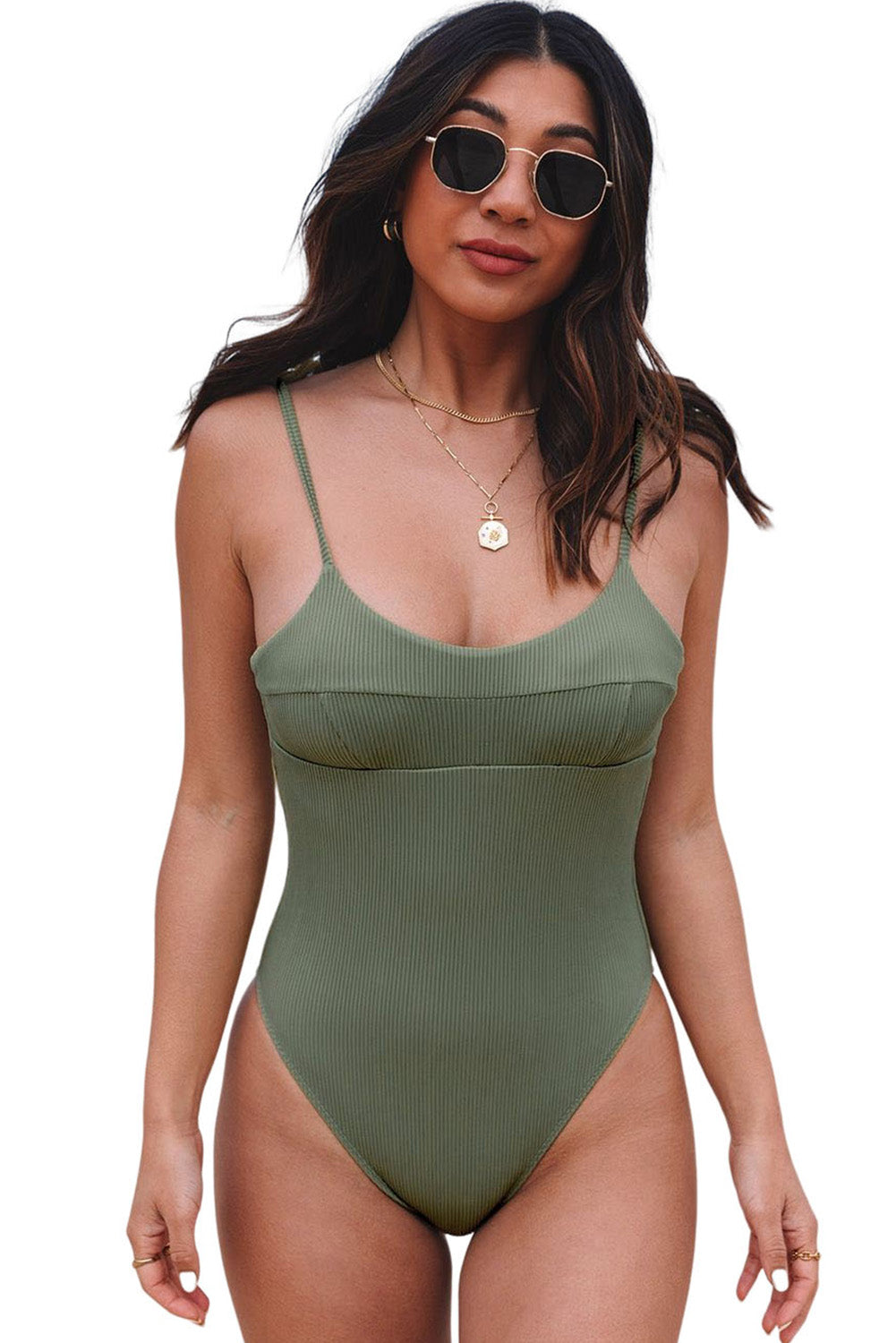 Green Tassel Tie Straps Ribbed One Piece Swimsuit