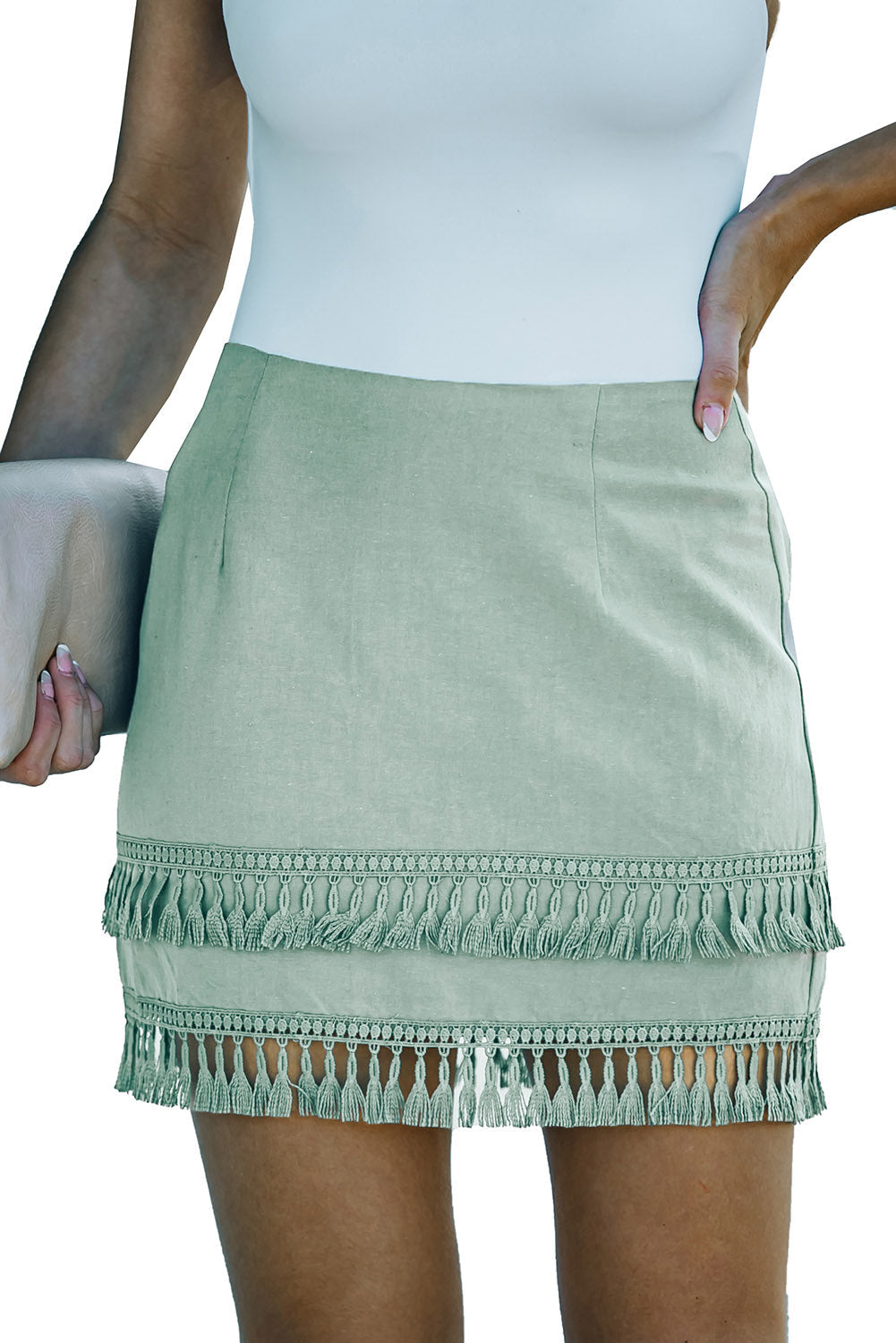 Green Tiered Tassel Zip-Up High Waist Mini Skirt