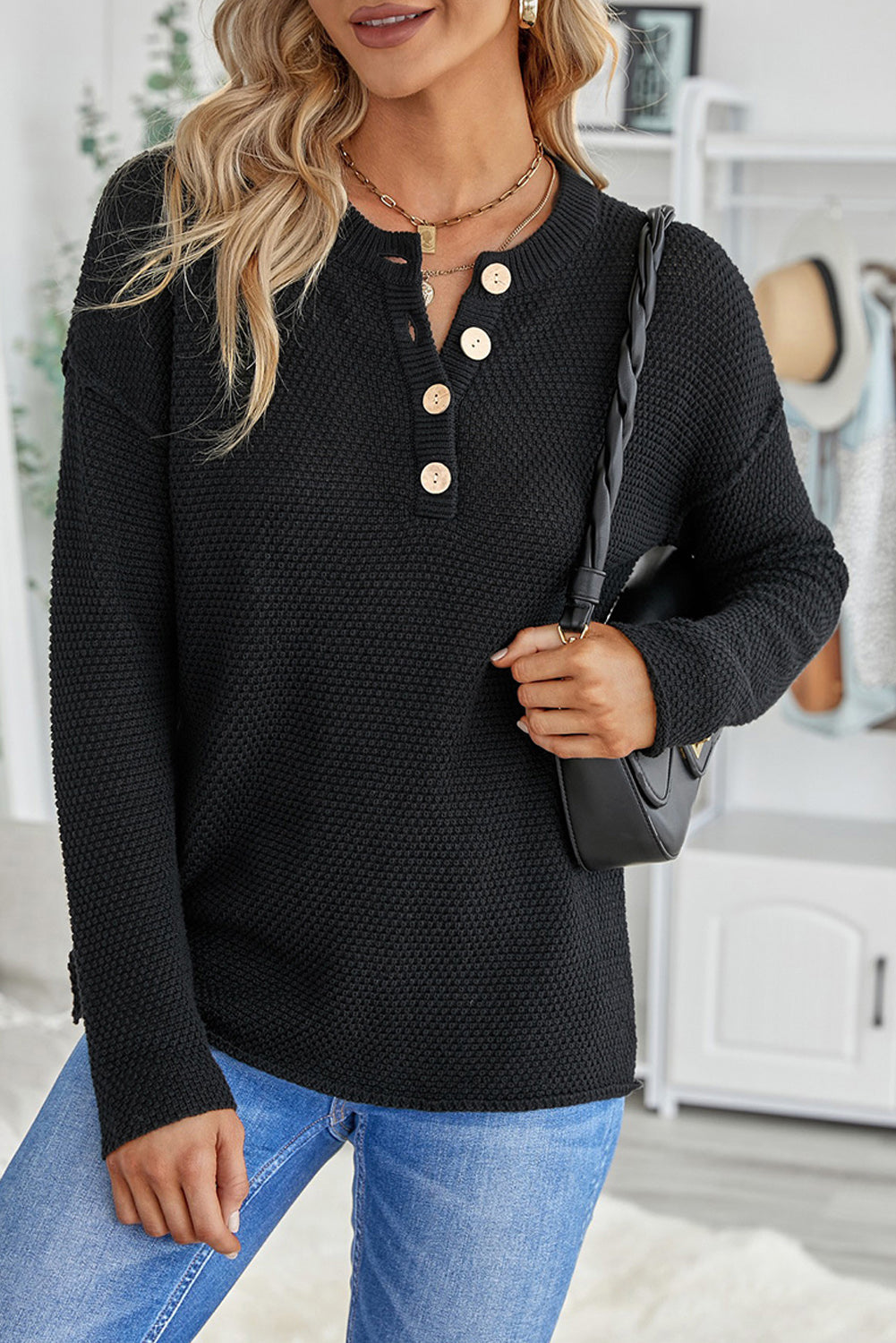 Henley Pullover Drop Shoulder Sweater With Slits