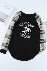 Hold Your Horses Funny Print Plaid Raglan Sleeve Pullover