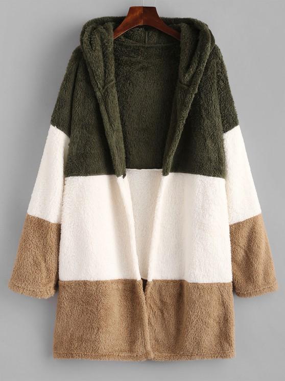 Hooded Color Blocking Fluffy Drop Shoulder Coat