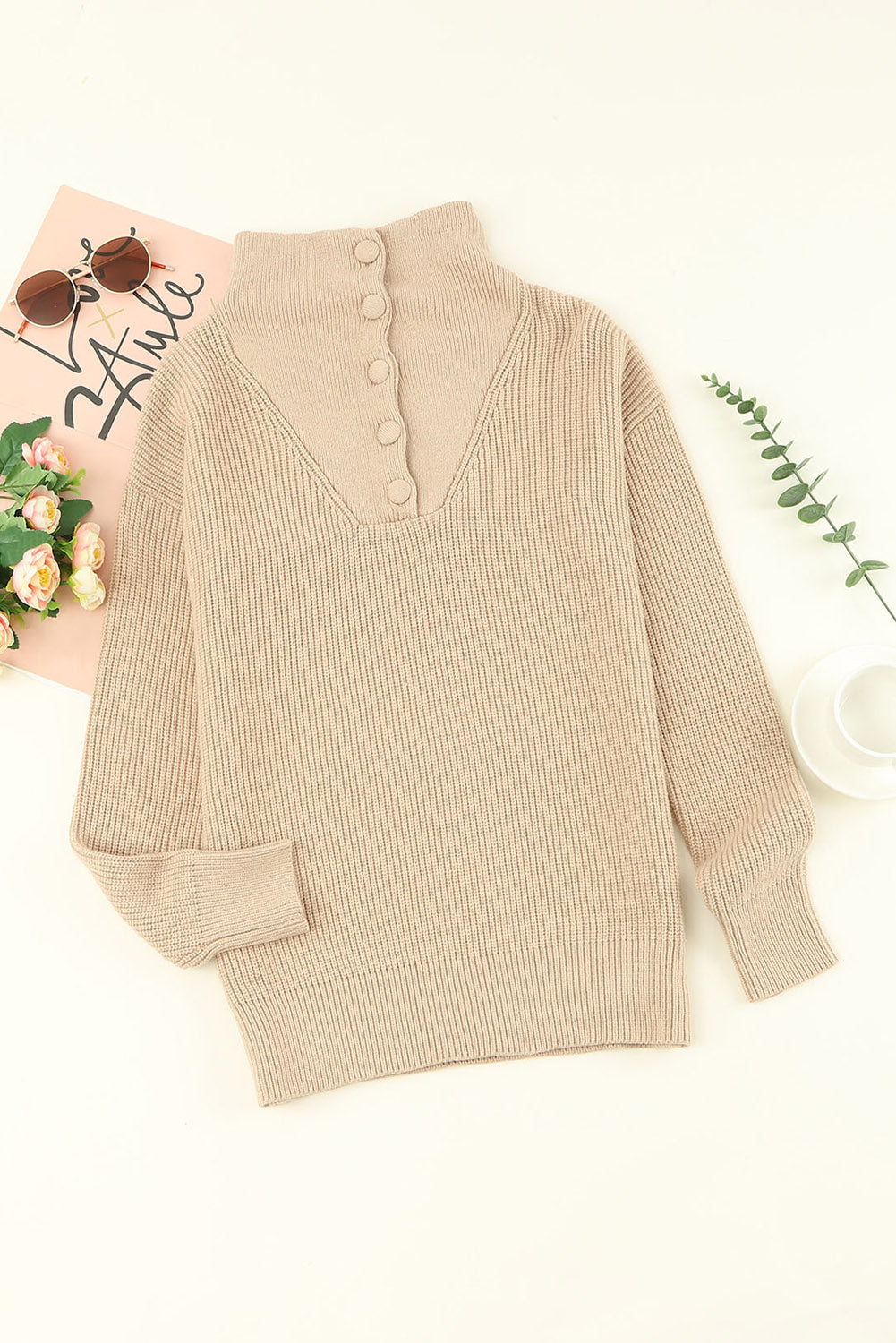 Khaki Buttoned Turn Down Collar Comfy Ribbed Sweater