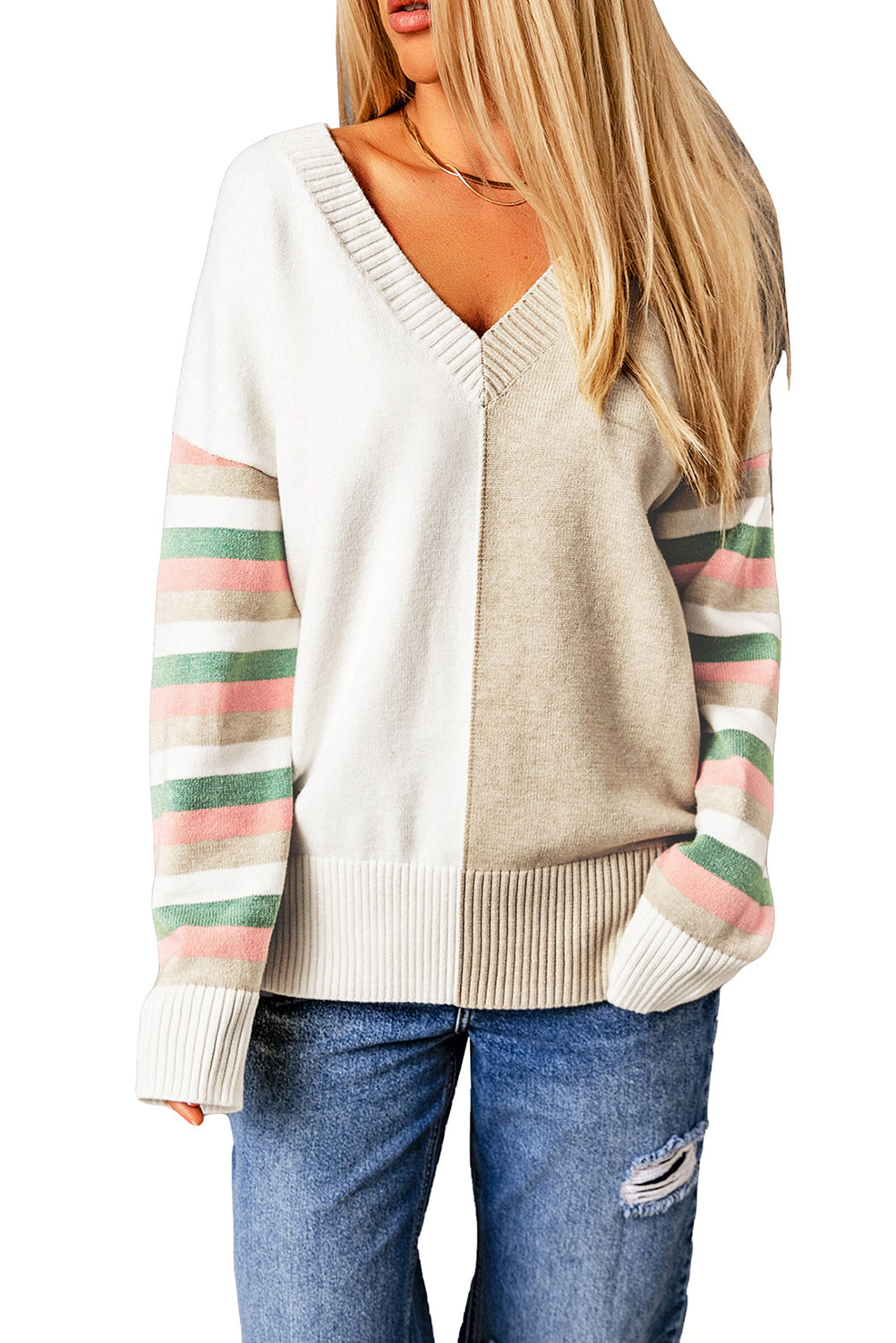 Khaki Contrast Striped Sleeve Sweater