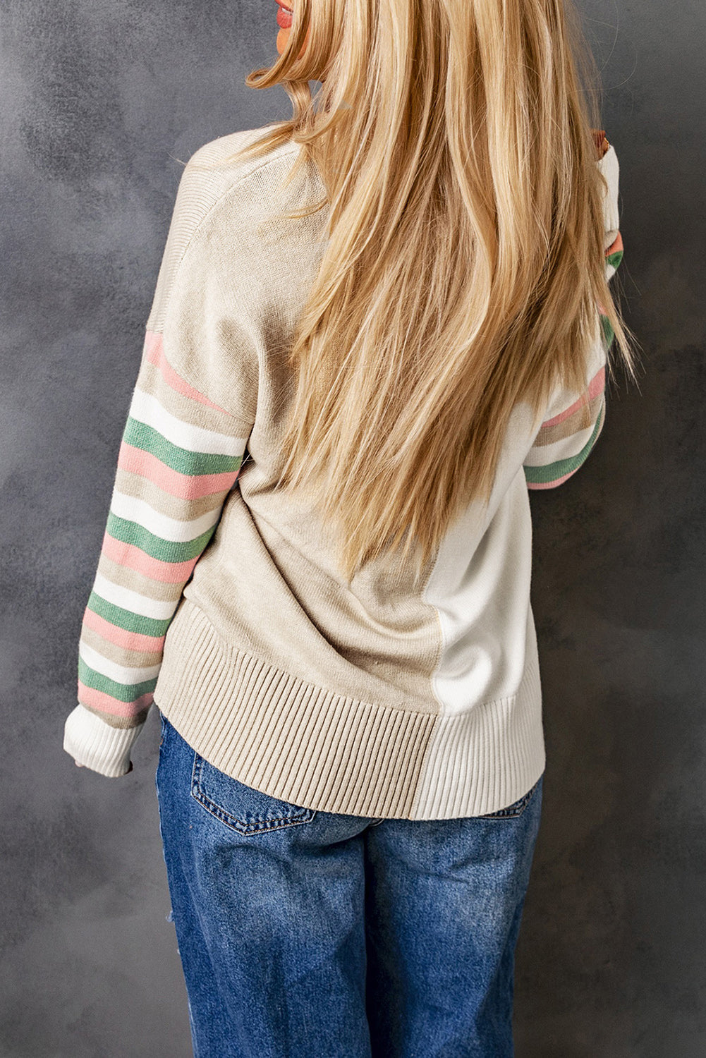 Khaki Contrast Striped Sleeve Sweater