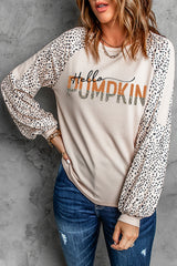 Khaki Hello Pumpkin Leopard Color Block Long Sleeve Top