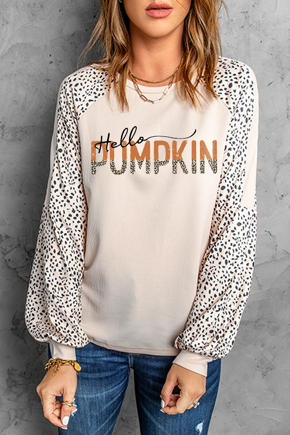 Khaki Hello Pumpkin Leopard Color Block Long Sleeve Top