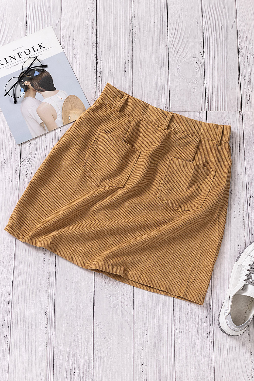 Khaki High Waist Corduroy Mini Skirt With Pockets