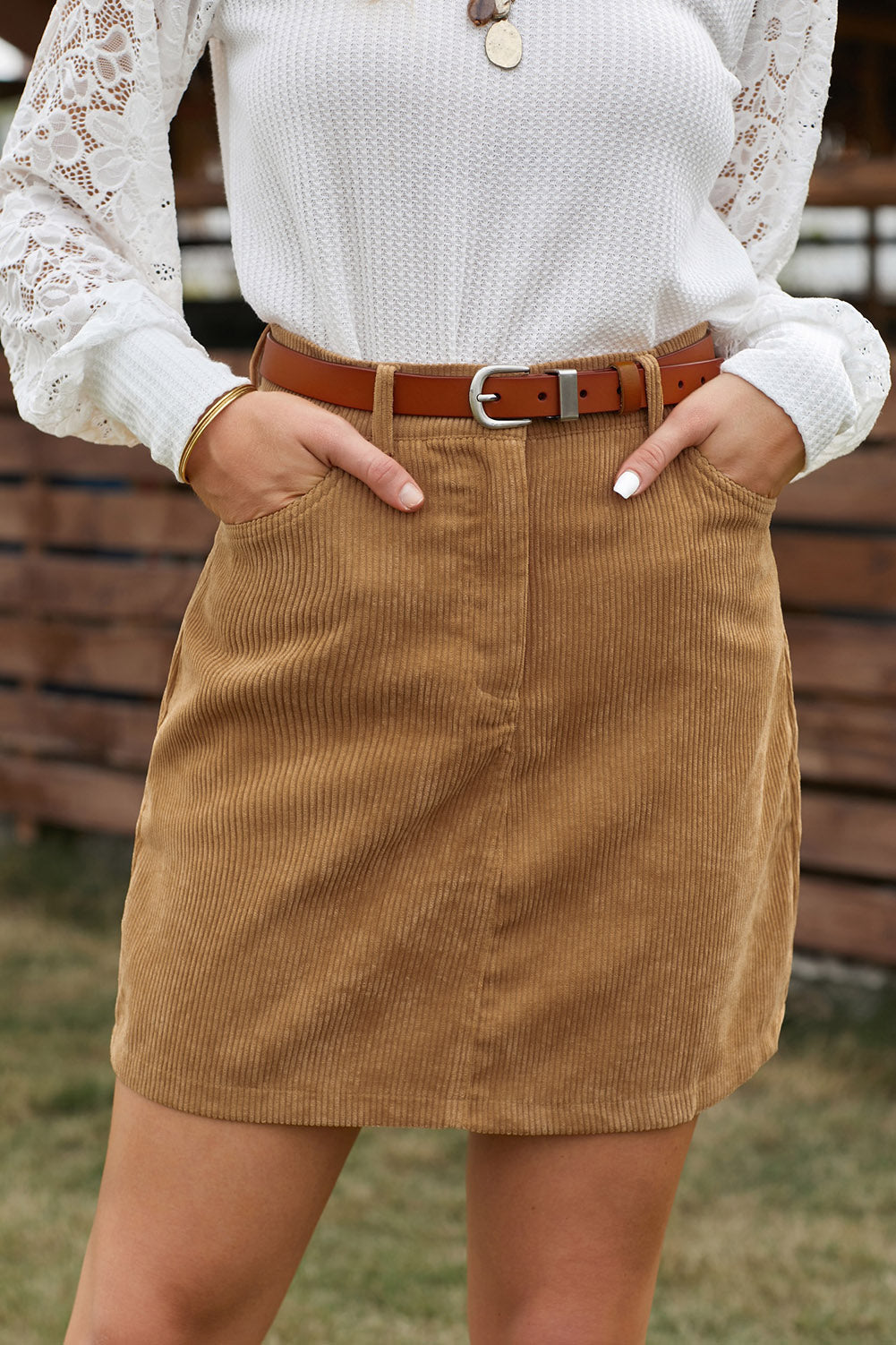 Khaki High Waist Corduroy Mini Skirt With Pockets
