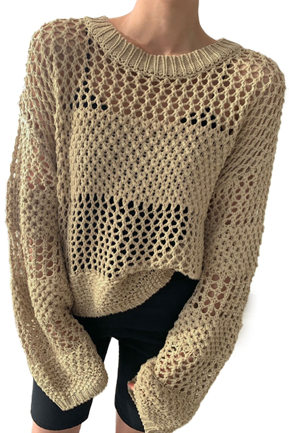 Khaki Solid Color Hollow Out Knitted Sweater