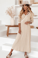 Khaki Striped V-neck Long Sleeve Casual Dress