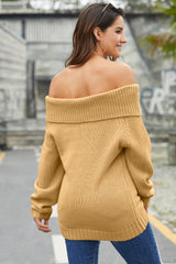 Khaki Turn-Down Collar Show Shoulder Ribbed Sweater