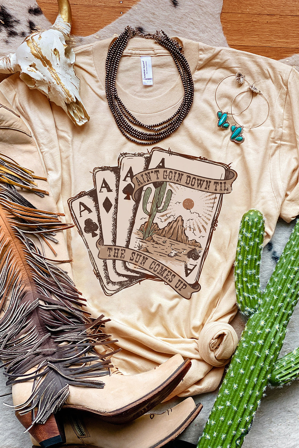 Khaki Western Poker Cards Graphic Print Short Sleeve T Shirt
