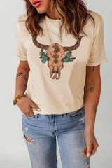 Khaki Western Steer Skull Graphic Print Short Sleeve T Shirt