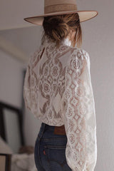 Lace Crochet See-through Scalloped High Neck Top