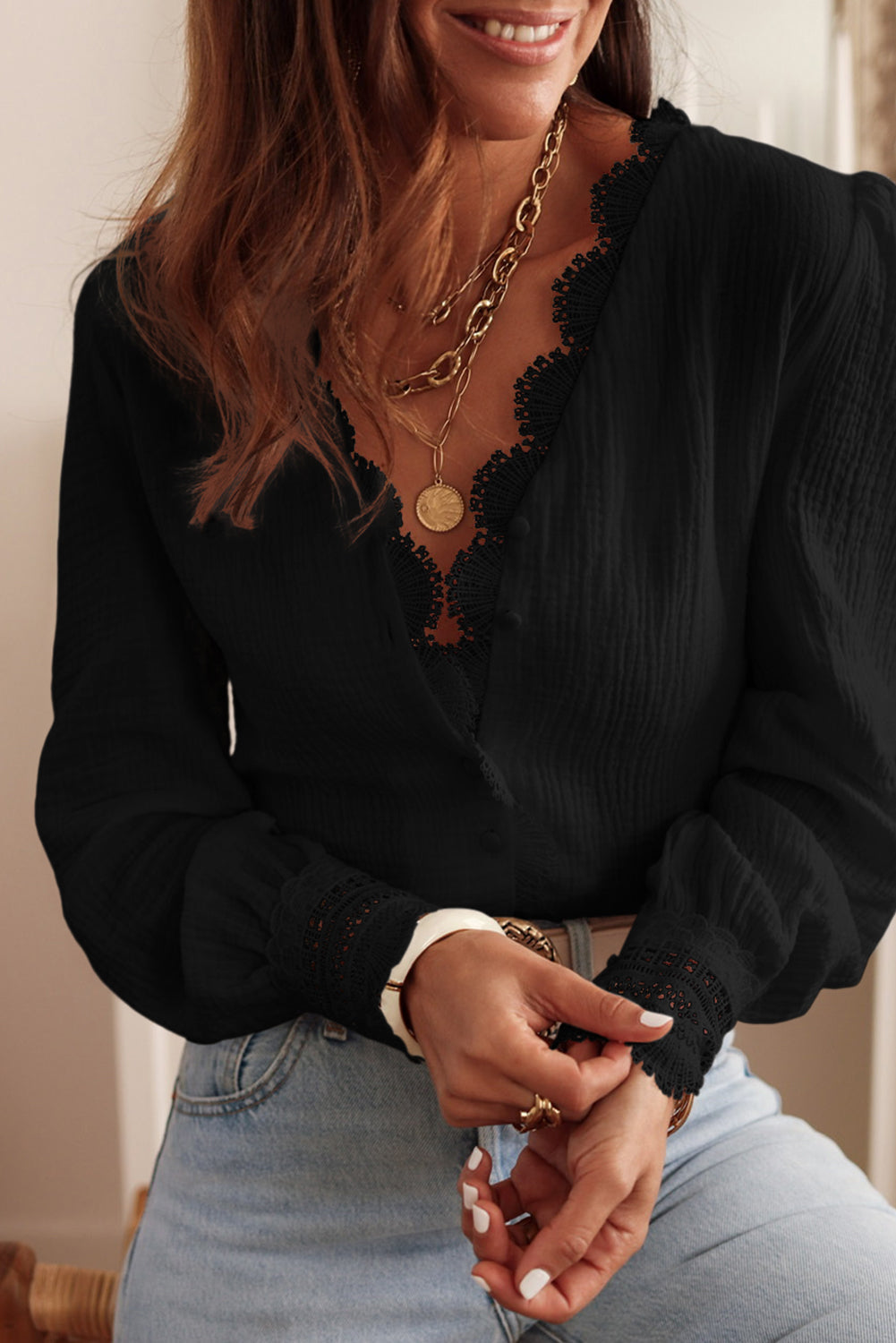 Lace Crochet Trim Deep V Neck Textured Blouse