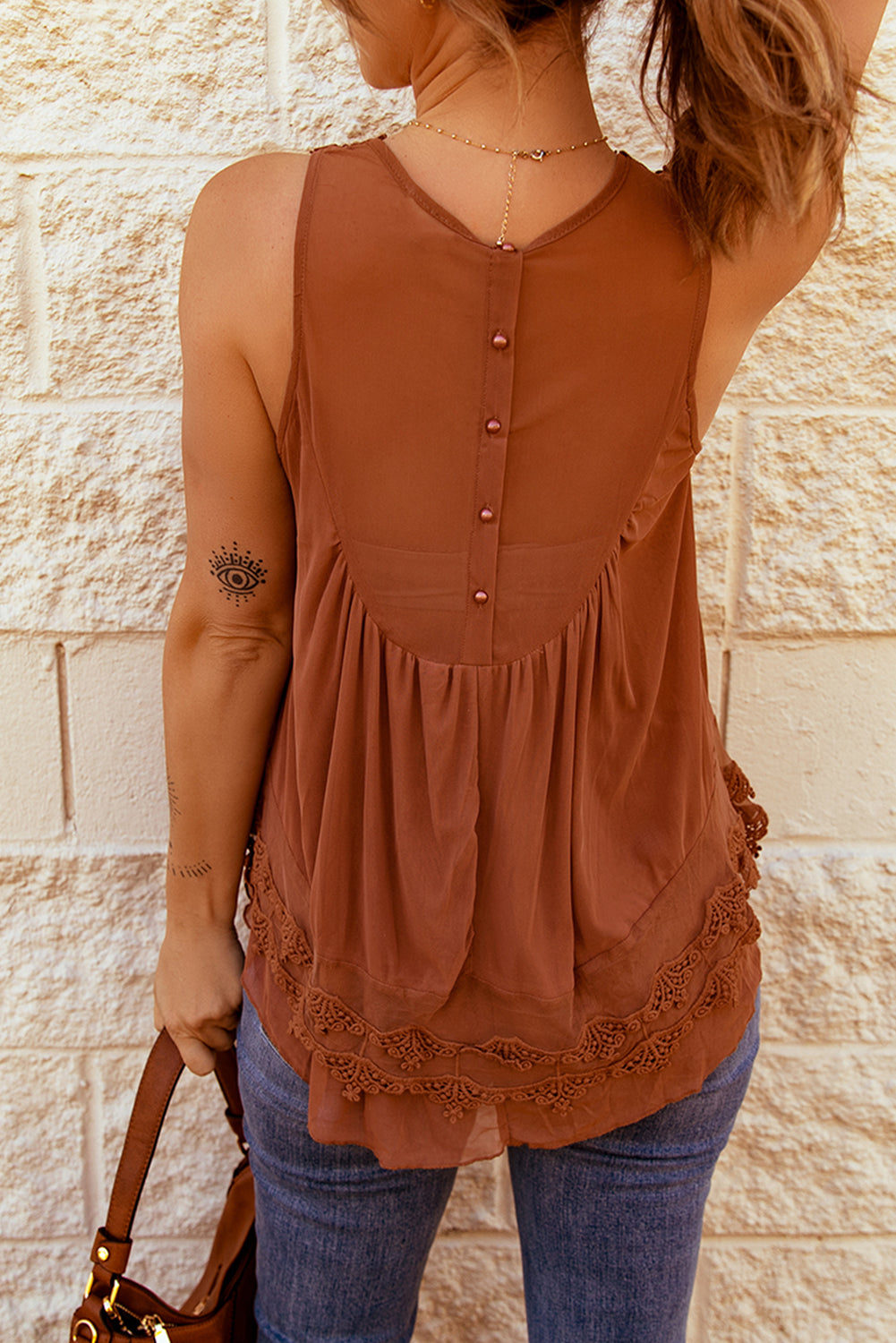 Lace Detail Buttons Back Sleeveless Top