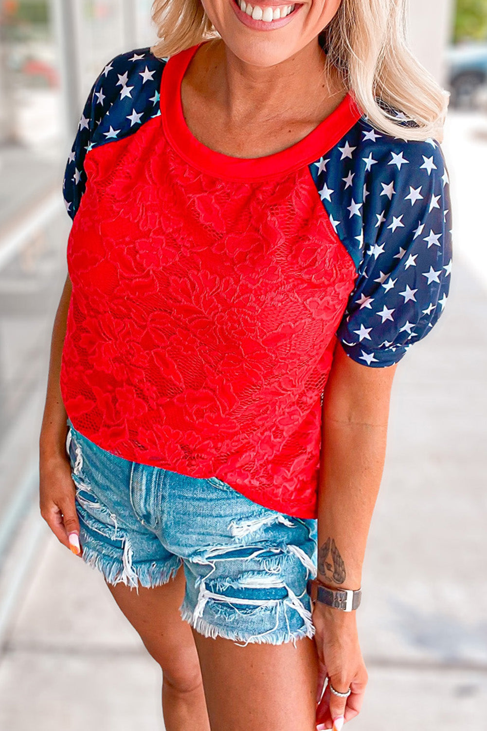 Lace Overlay Contrast Star Sleeve Flag Day T Shirt