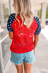 Lace Overlay Contrast Star Sleeve Flag Day T Shirt