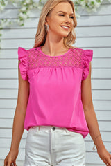 Lace Patchwork Round Neck Flutter Sleeve Blouse