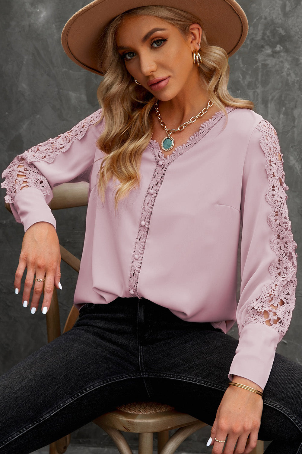 Lace Splicing Buttoned V Neck Shirt