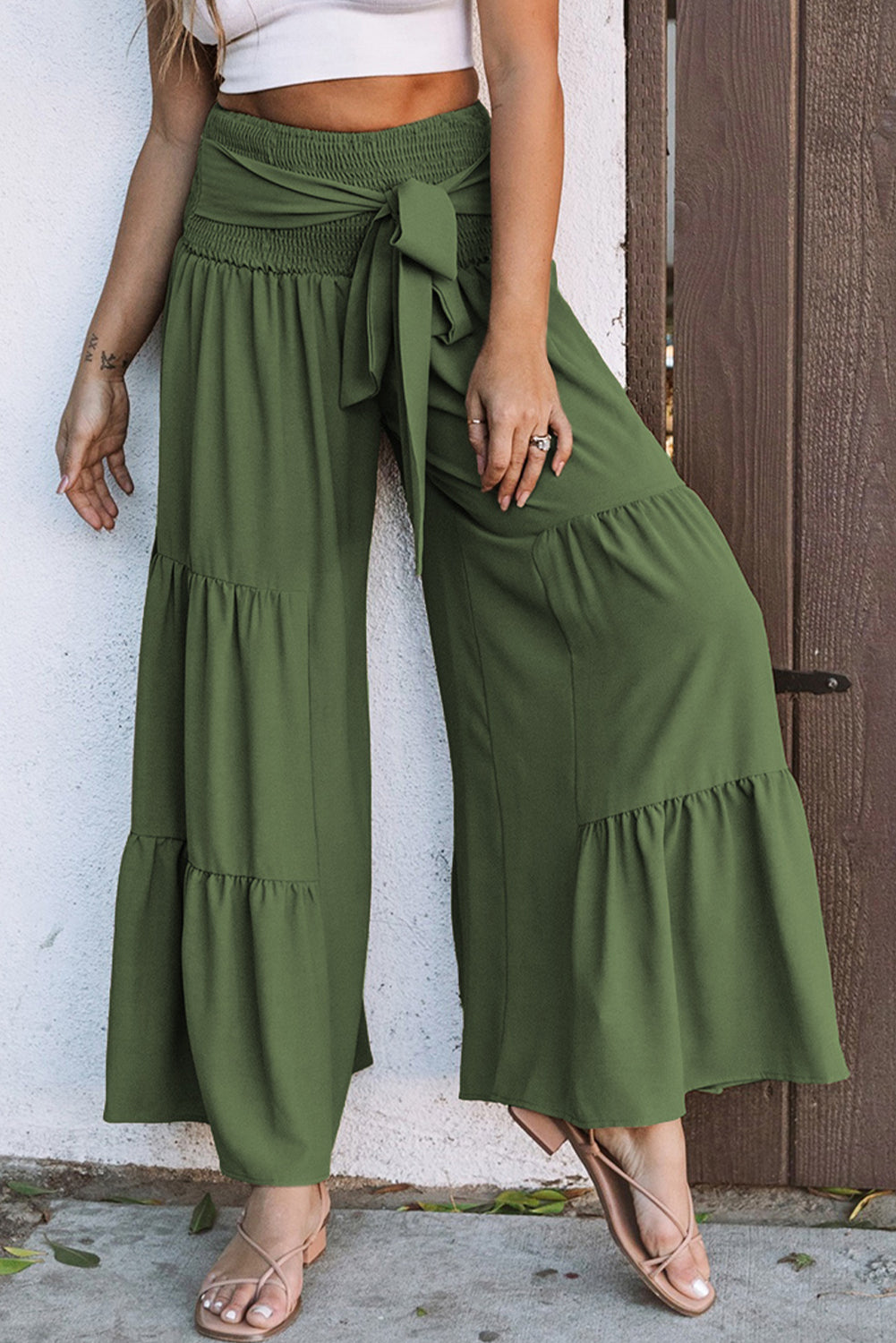 Lace up Smocked Waist Tiered Wide Leg Pants