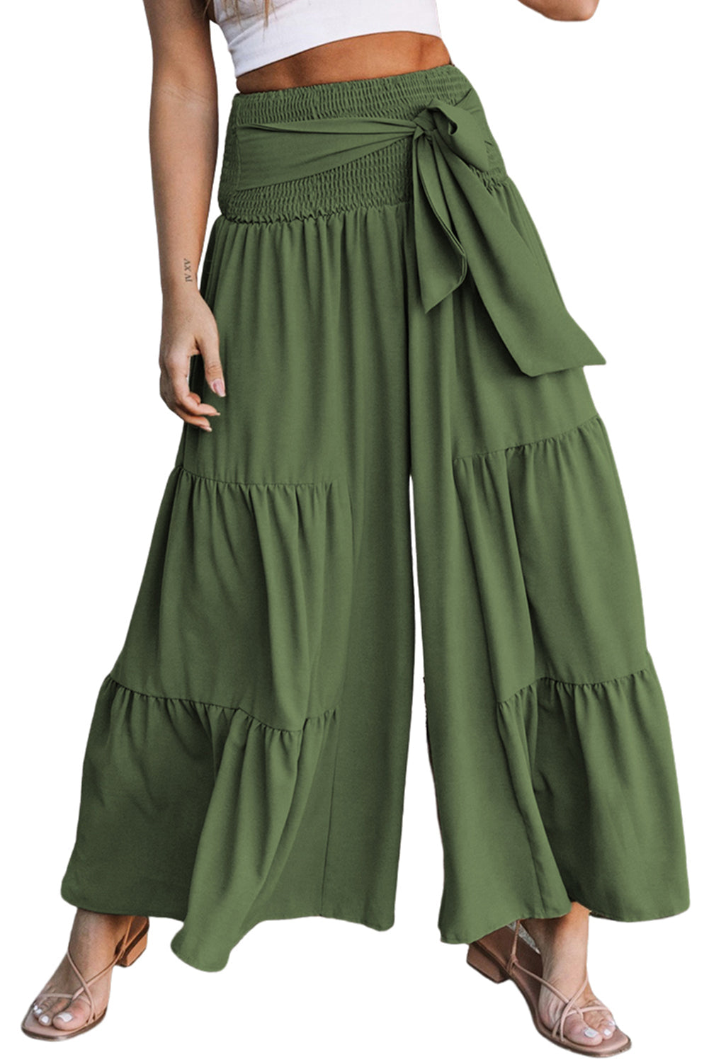 Lace up Smocked Waist Tiered Wide Leg Pants
