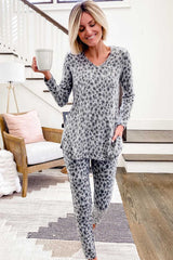 Leopard Animal Print V Neck Pullover and Pants Lounge Set