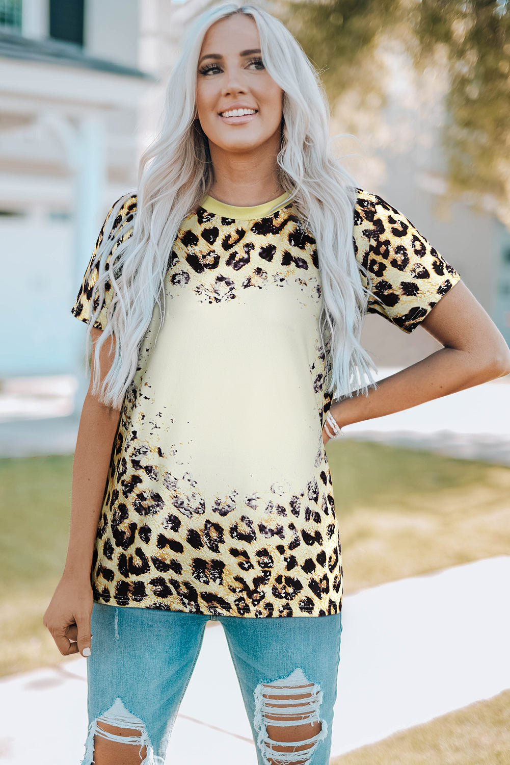 Leopard Bleached O-Neck Short Sleeve T Shirt