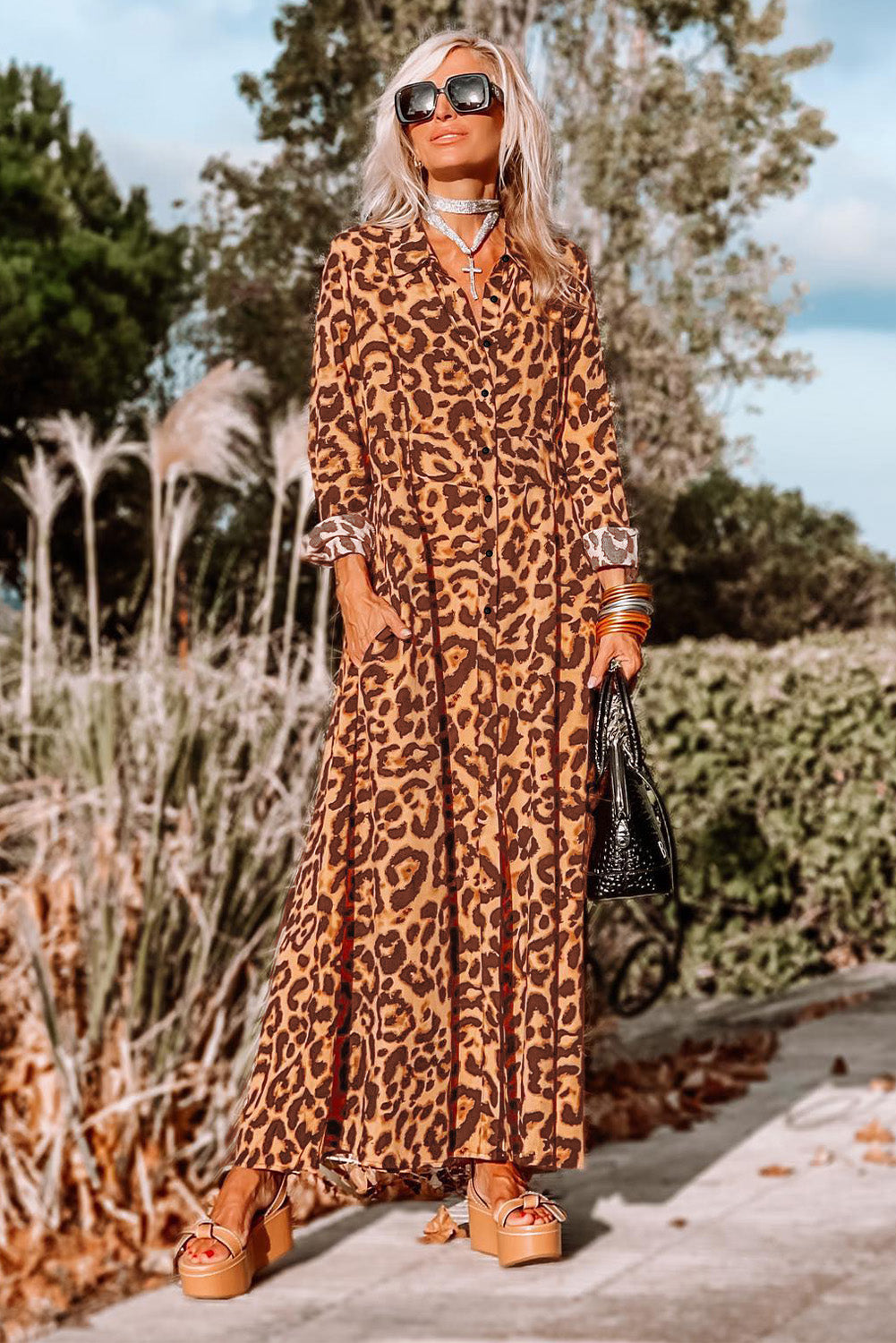 Leopard Button-Up Long Sleeve Maxi Dress