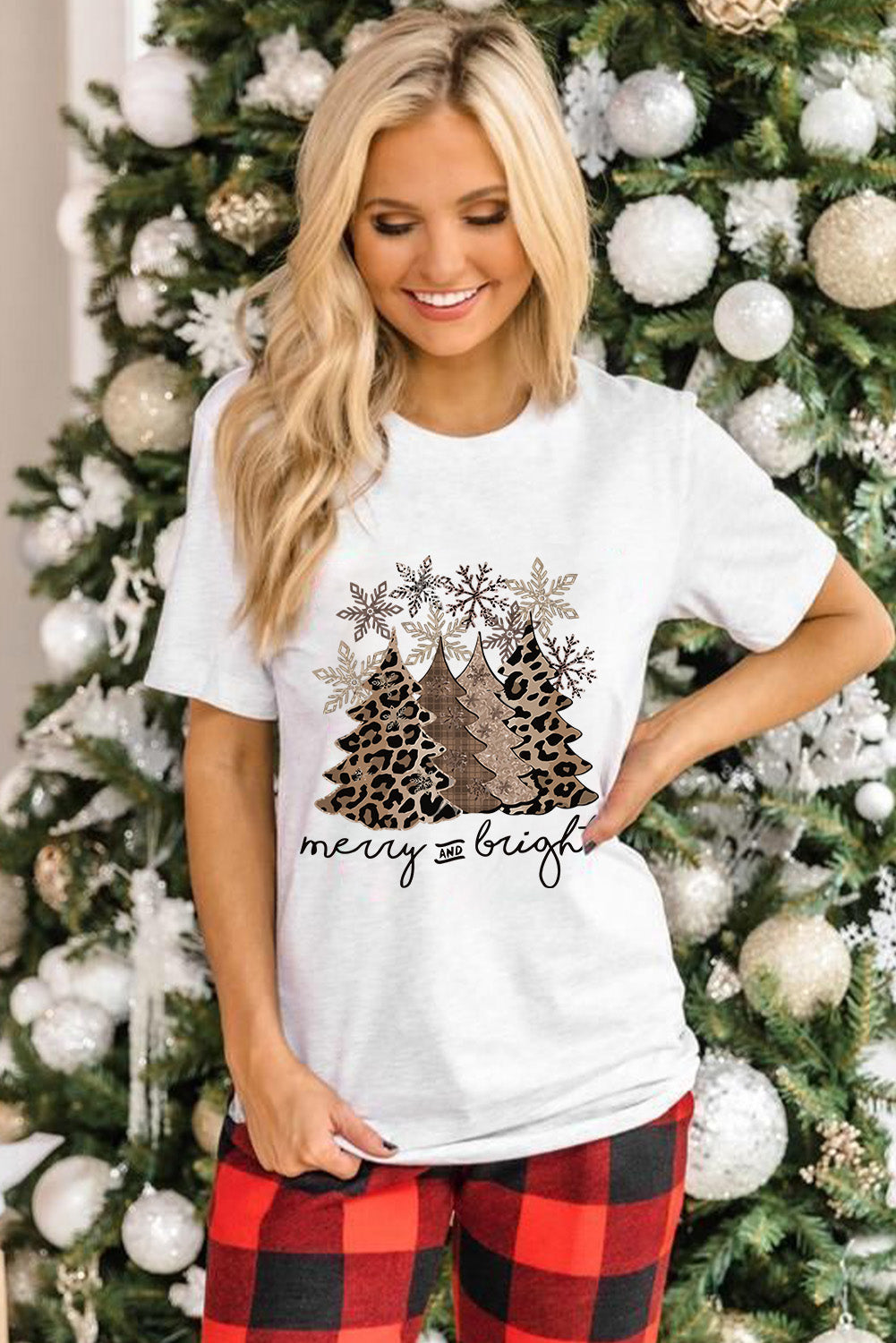Leopard Christmas Tree Graphic Print Crew Neck T Shirt