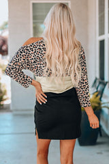 Leopard Color Block Cold Shoulder Shift Mini Dress