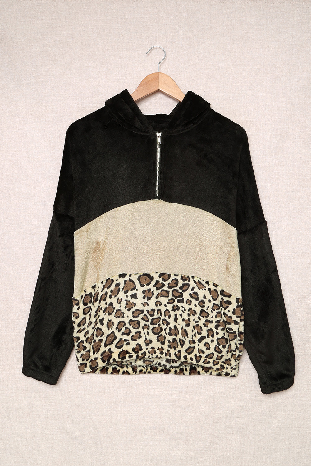 Leopard Color Block Pocket Fleece Quarter Zip Hoodie